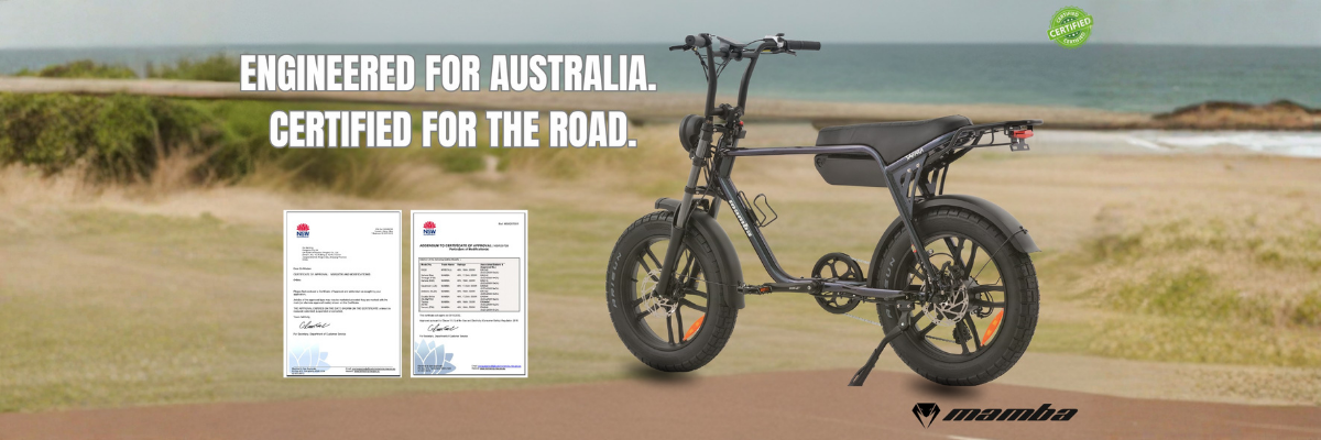 Electric bike on a road with scenic background and certification document displayed.