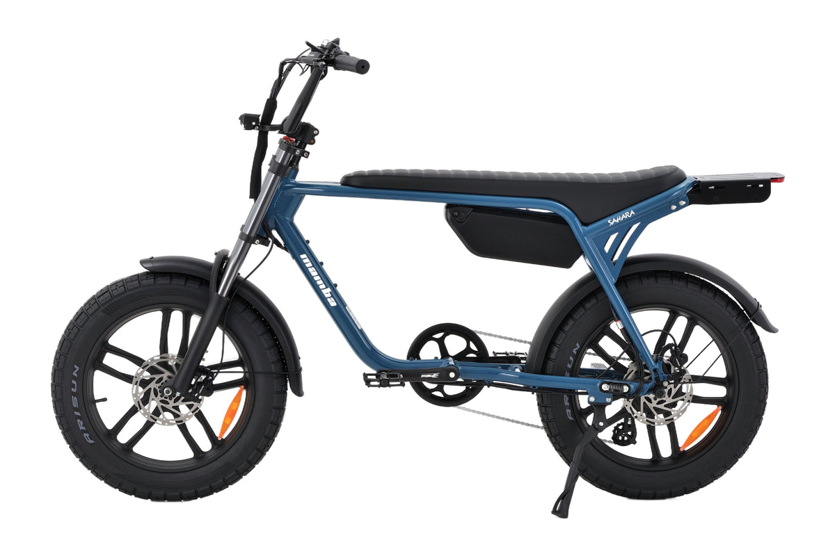 New Mamba Sahara fat tyre e-bike in Harbour Blue, side view